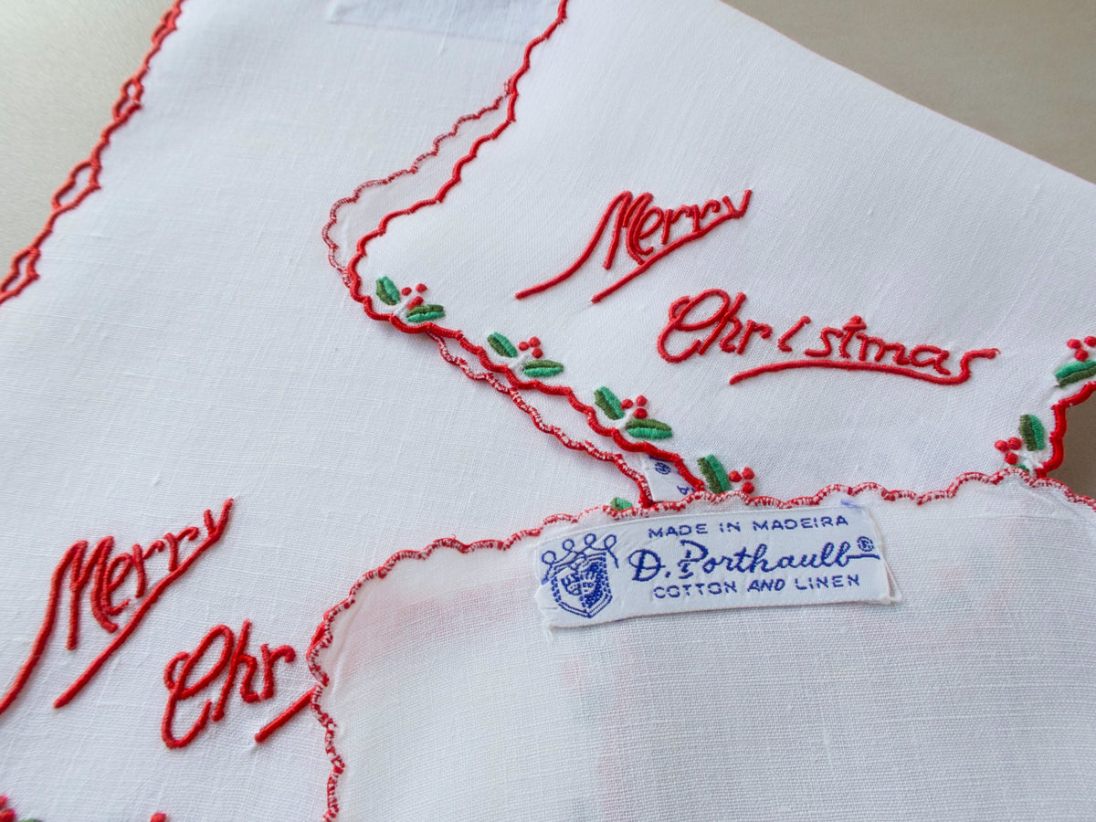 Vintage D Porthault “Merry Christmas” Madeira Cocktail Napkins, Set of 4