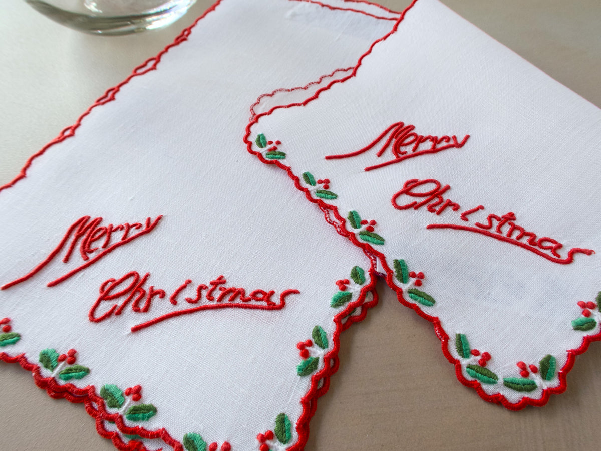 Vintage D Porthault “Merry Christmas” Madeira Cocktail Napkins, Set of 4