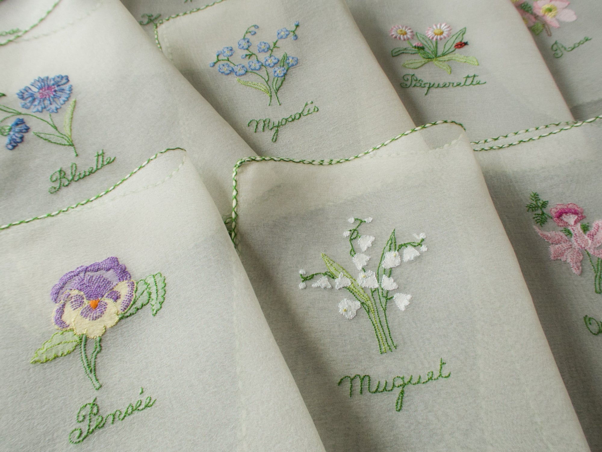 French Flowers Vintage Silk Chiffon Cocktail Napkins, Set of 12