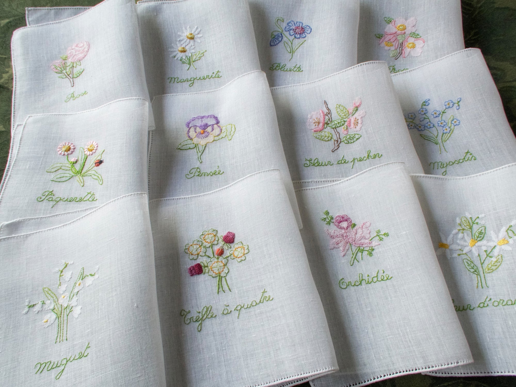French Flowers Vintage Embroidered Cocktail Napkins - Set of 12