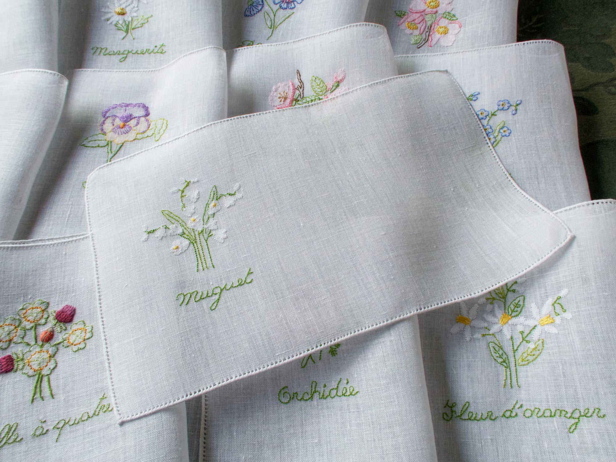 French Flowers Vintage Embroidered Cocktail Napkins - Set of 12