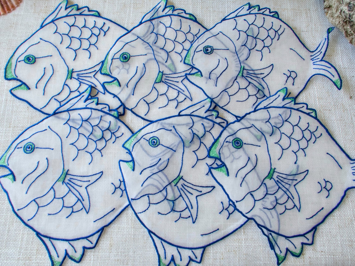 Catch of the Day Madeira Organdy Fish Cocktail Napkins, Set of 6