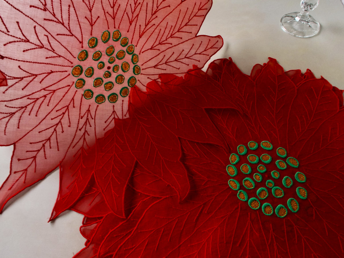 Set of eight red organdy poinsettia-shaped placemats, one lifted to show semi sheer fabric and embroidery detail.