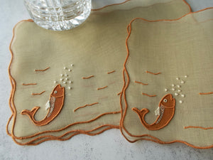 Copper Fish & Bubbly Vintage Madeira Organdy Cocktail Napkins, Set of 6