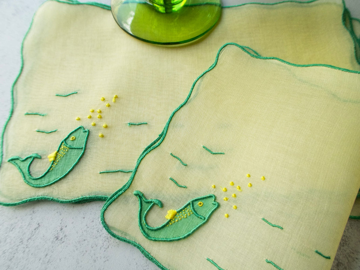 &quot;Fish&quot; in Yellow Marghab Organdy Cocktail Napkins, Set of 6