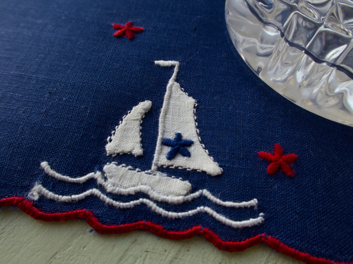 Sailboat &amp; Stars Vintage Madeira Linen Cocktail Napkins, Set of 6