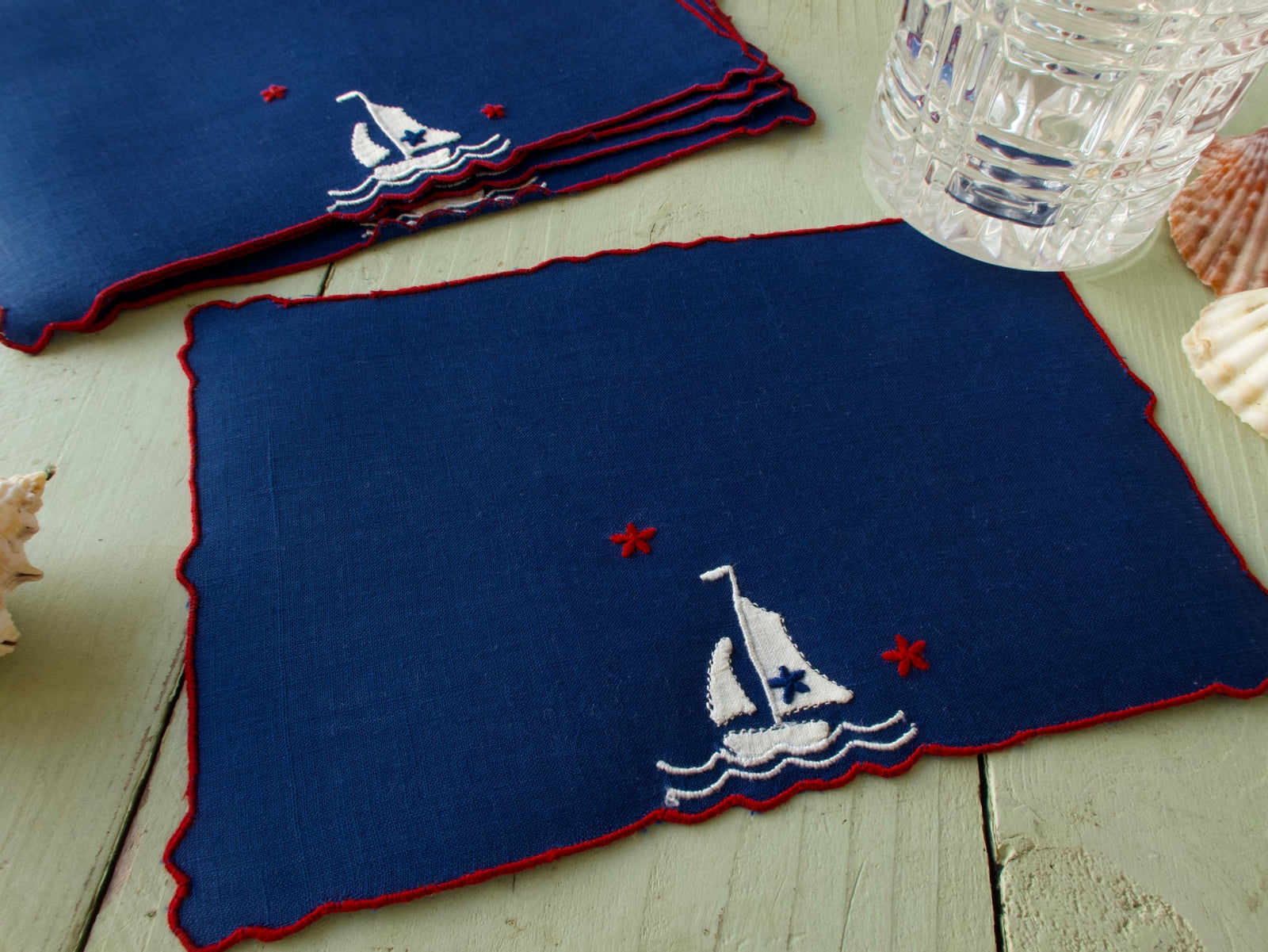 Sailboat & Stars Vintage Madeira Linen Cocktail Napkins, Set of 6