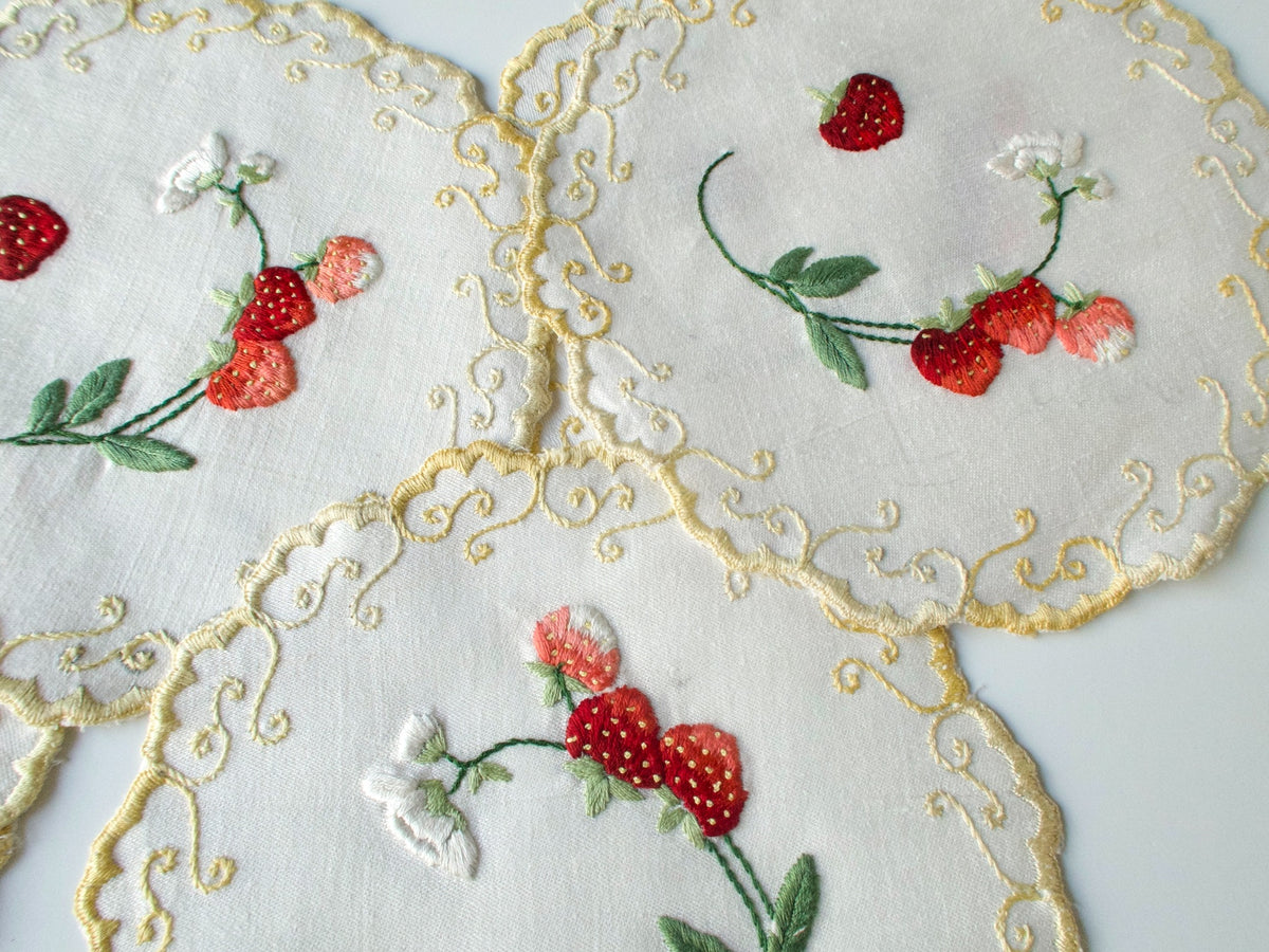 Strawberries Heavily Embroidered Vintage Linen Cocktail Rounds, Set of 8