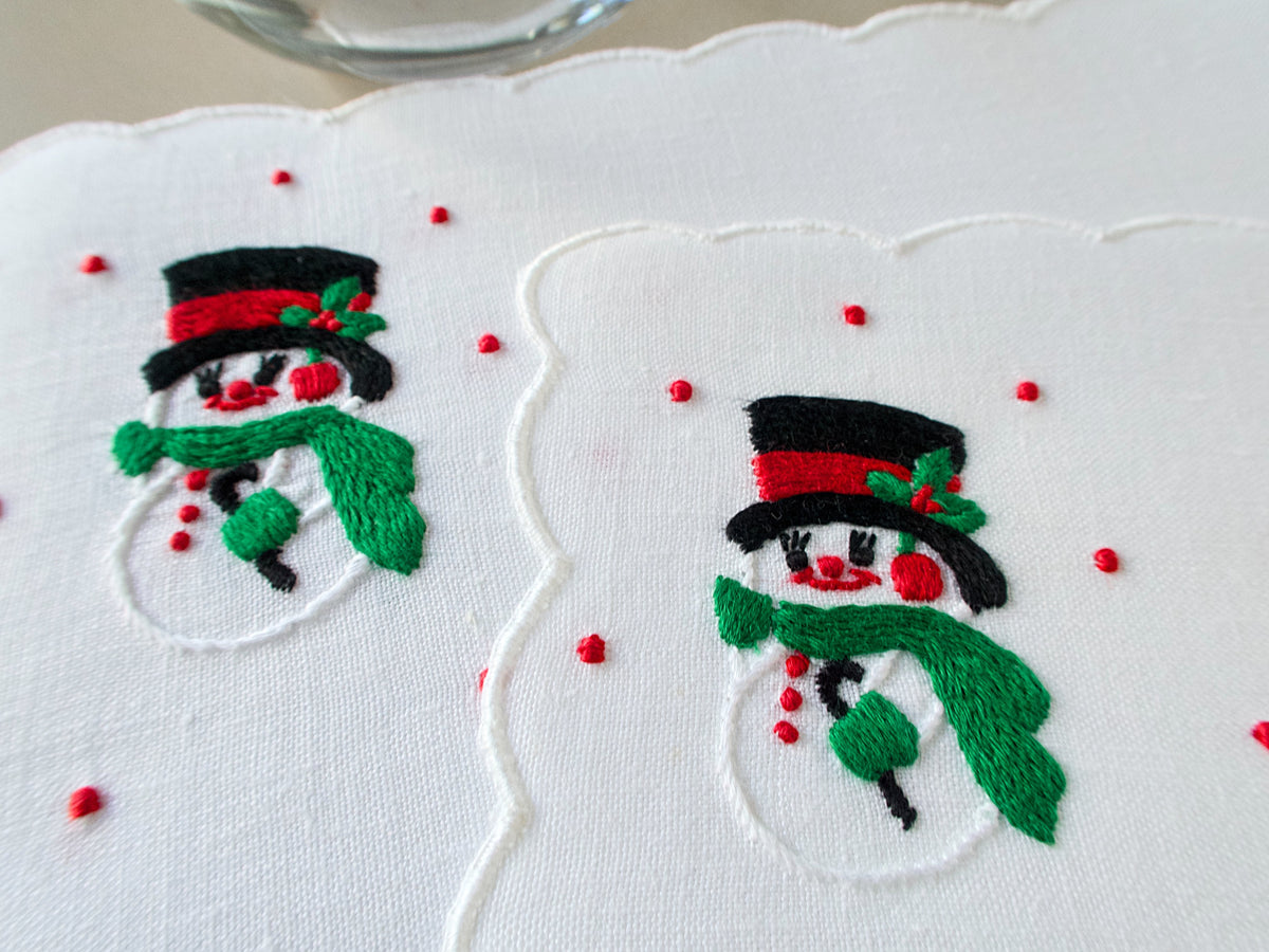Snow Men Vintage Madeira Linen Cocktail Napkins, Set of 6