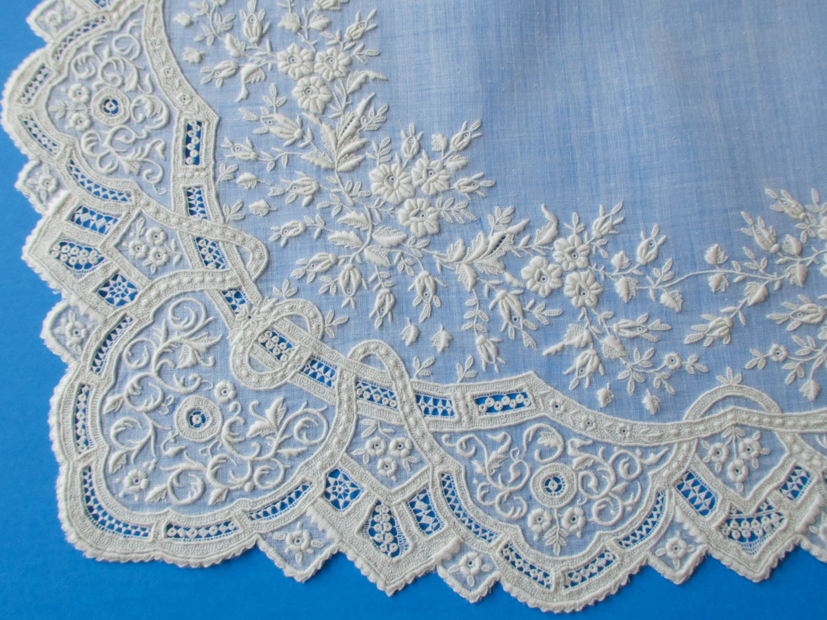 Antique Dense French Whitework Lace Handkerchief 