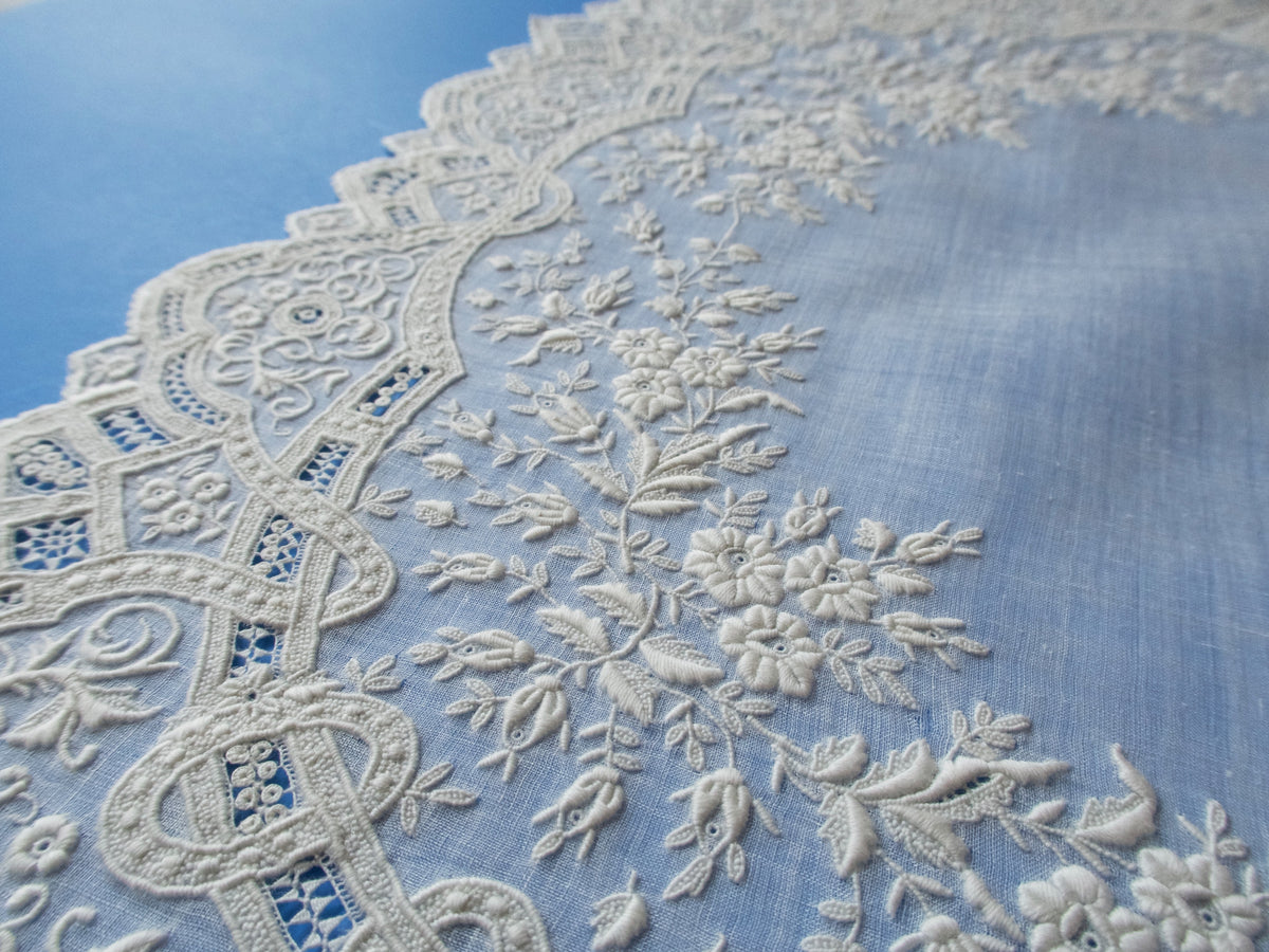 Antique Dense French Whitework Lace Handkerchief
