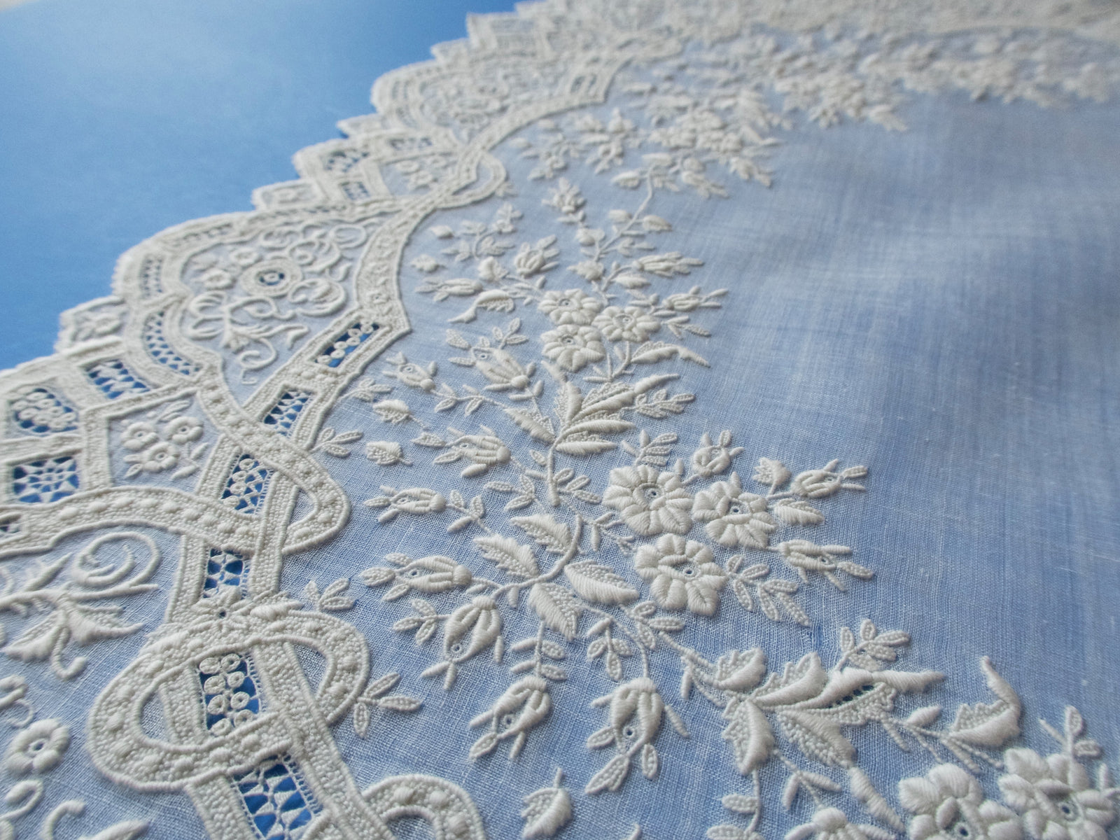 Antique Dense French Whitework Lace Handkerchief