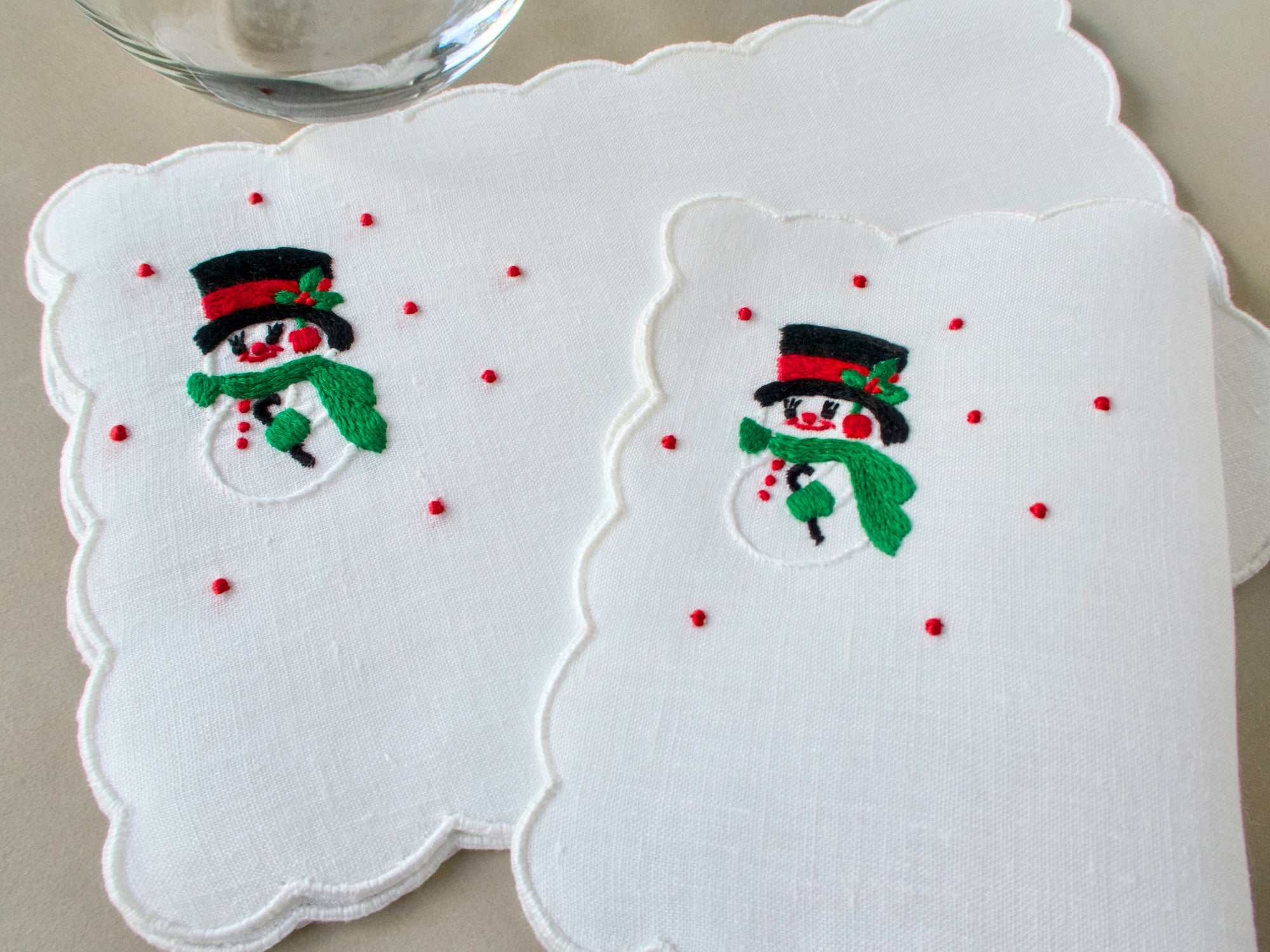 Snow Men Vintage Madeira Linen Cocktail Napkins, Set of 6