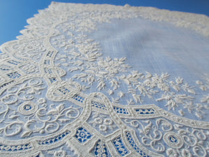 Antique Dense French Whitework Lace Handkerchief