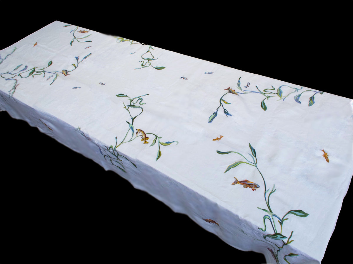 Vintage D Porthault Fish &amp; Seaweed 142&quot; Tablecloth &amp; 12 Napkins