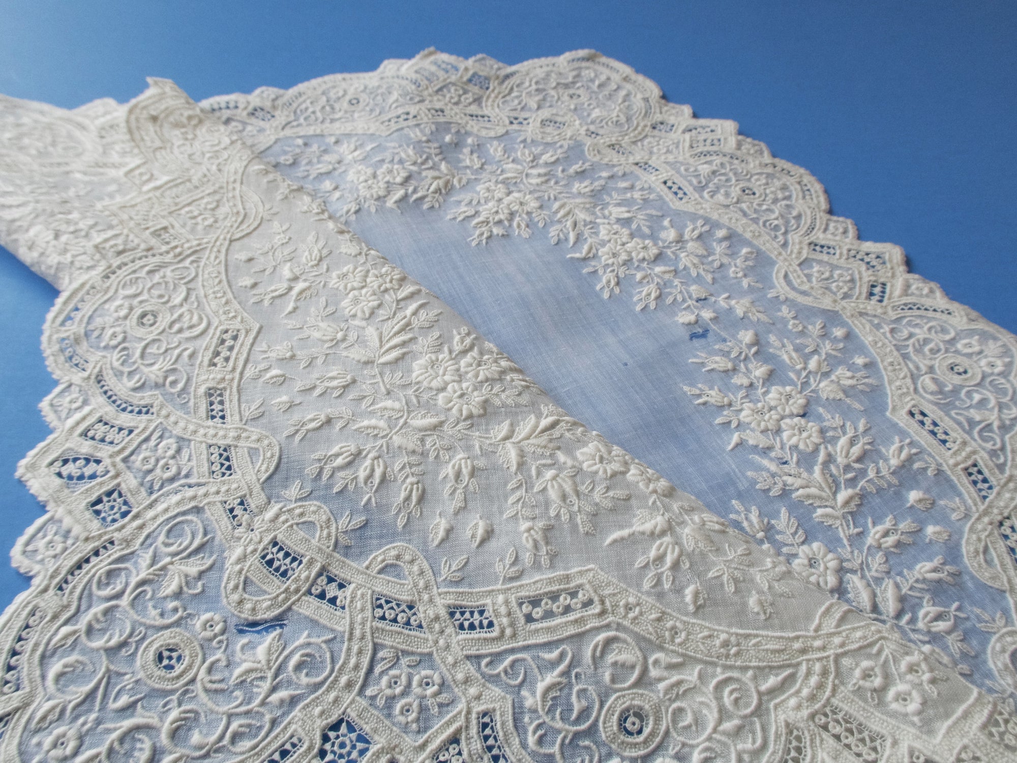 Antique Dense French Whitework Lace Handkerchief