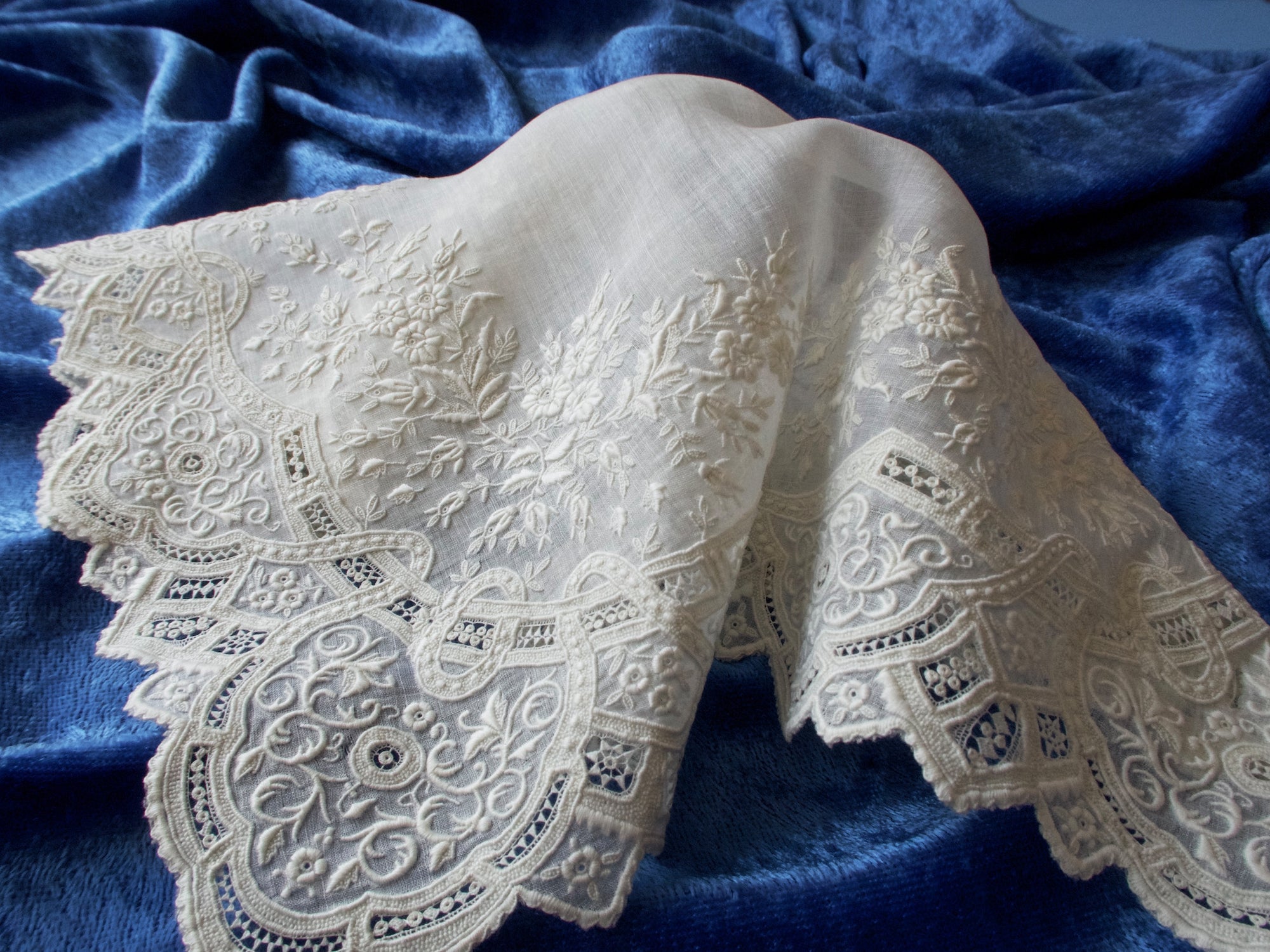 Antique Dense French Whitework Lace Handkerchief