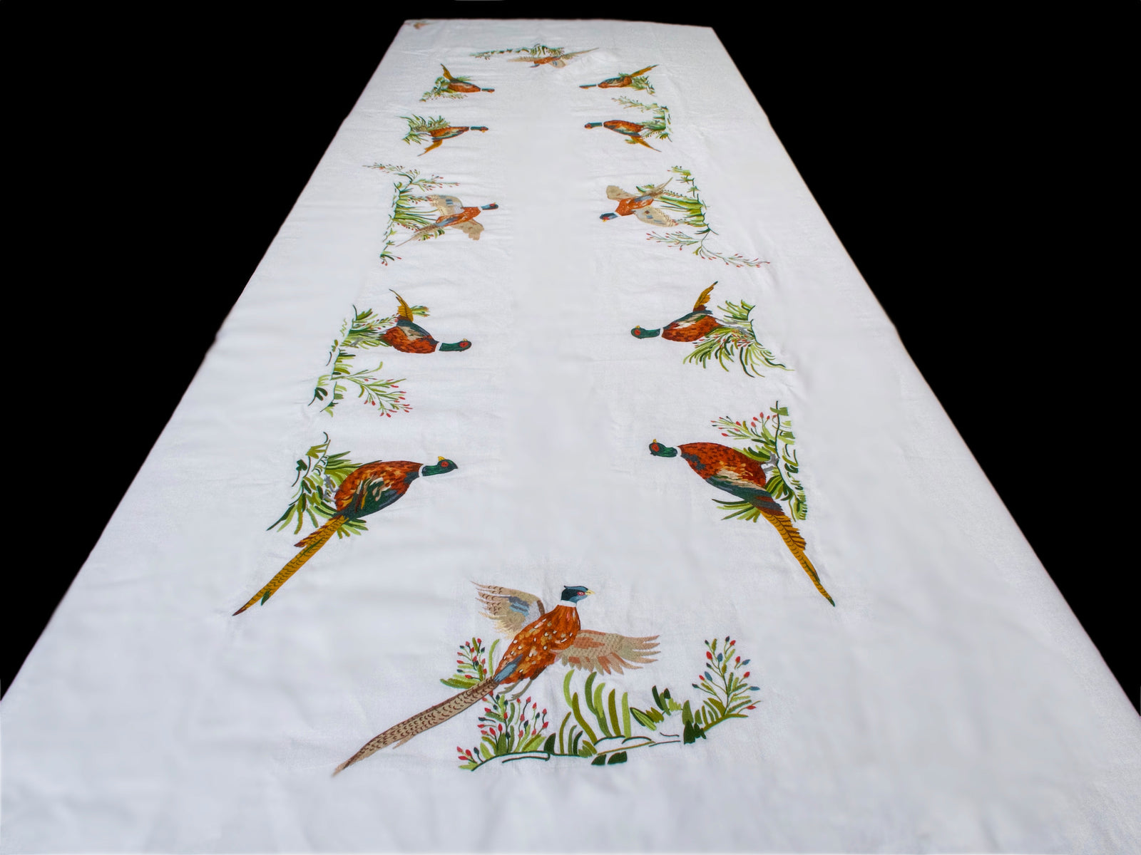 Vintage D Porthault Pheasants 148" Oval Tablecloth & 12 Napkins