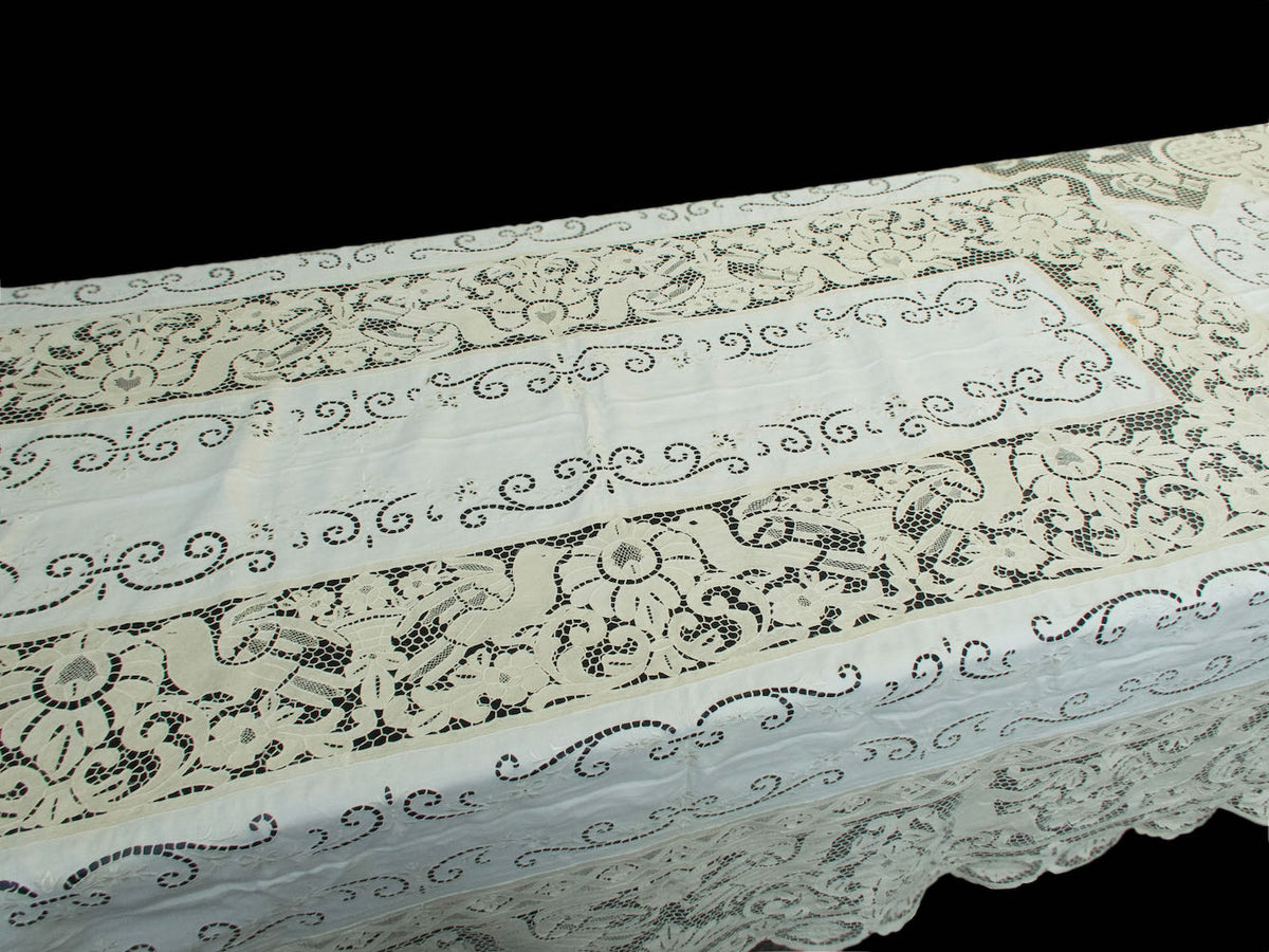 Birds Vintage Needle Lace &amp; Linen Tablecloth