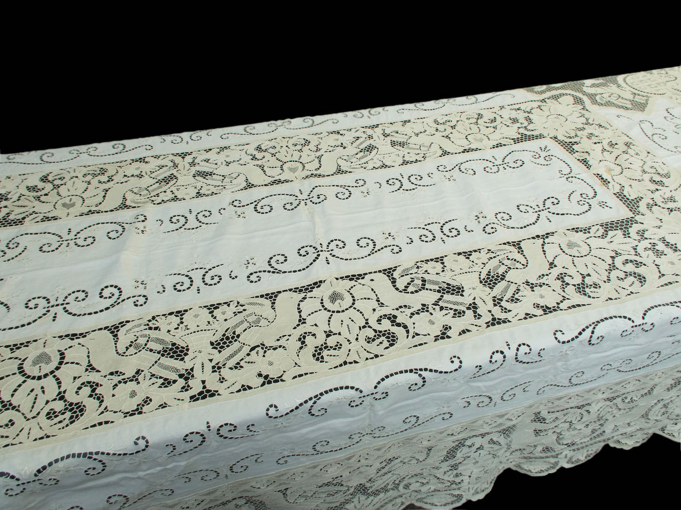 Birds Vintage Needle Lace & Linen Tablecloth