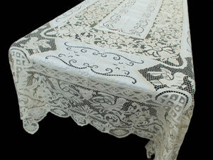 Birds Vintage Needle Lace & Linen Tablecloth