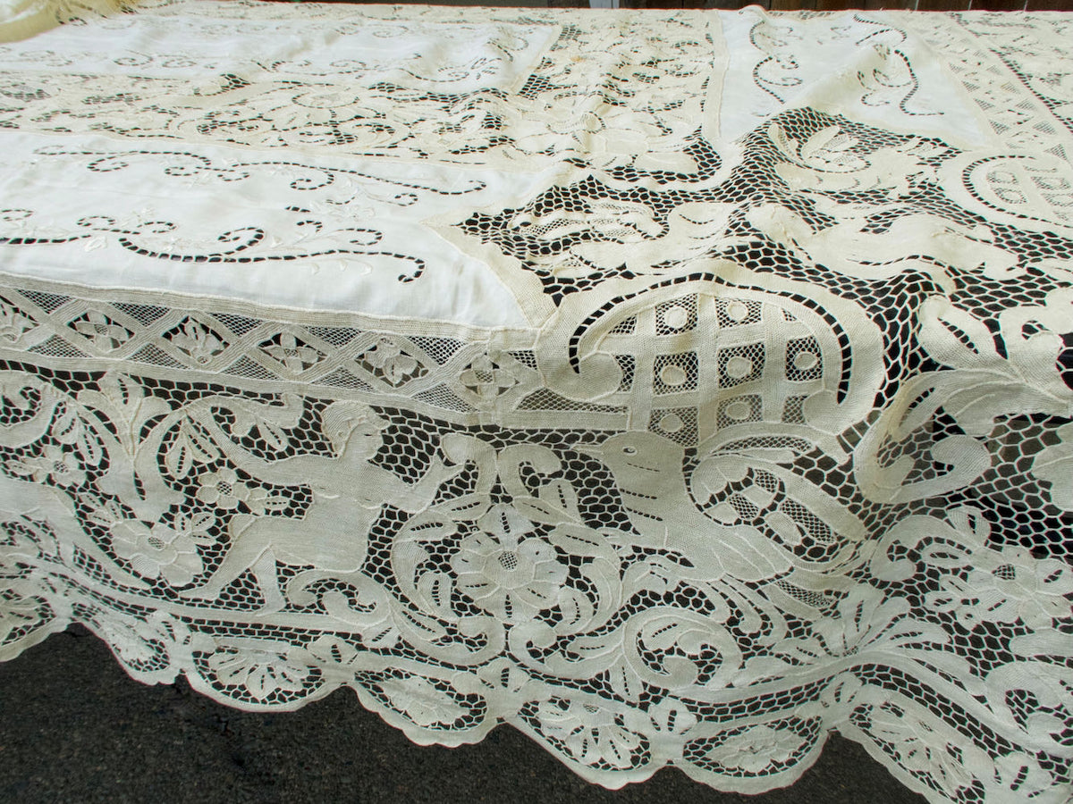 Birds Vintage Needle Lace &amp; Linen Tablecloth