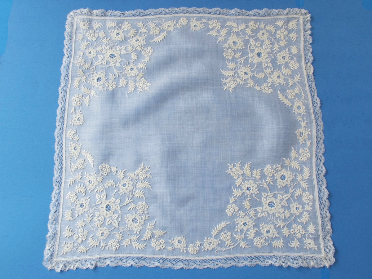 Antique French Whitework Lace Handkerchief 18&quot;