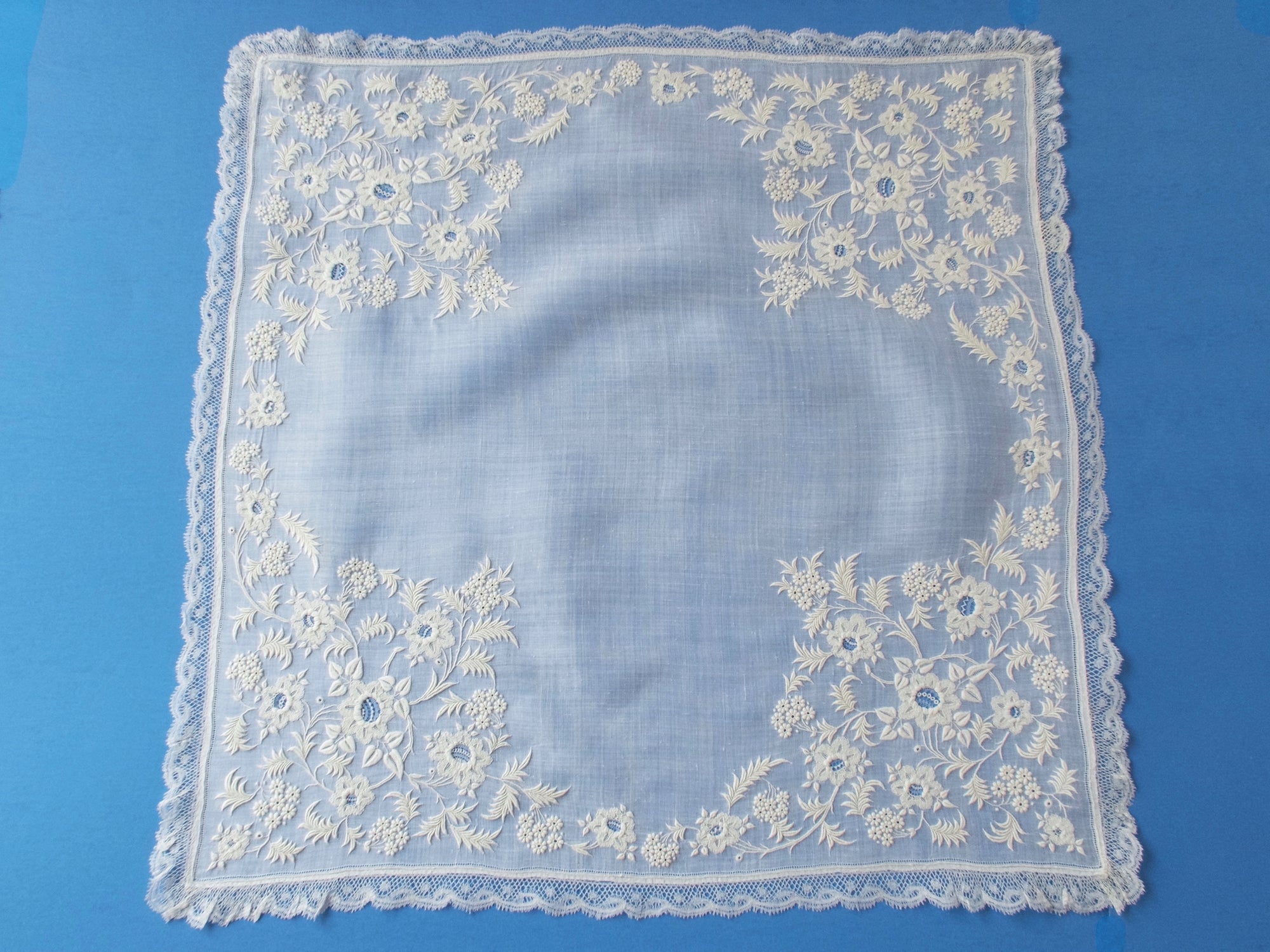 Antique French Whitework Lace Handkerchief 18"