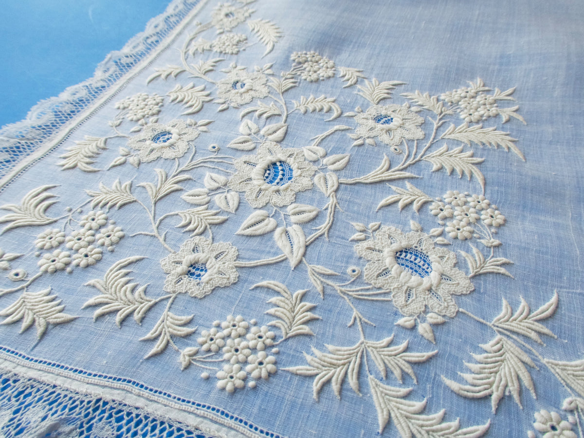 Antique French Whitework Lace Handkerchief 18&quot; 