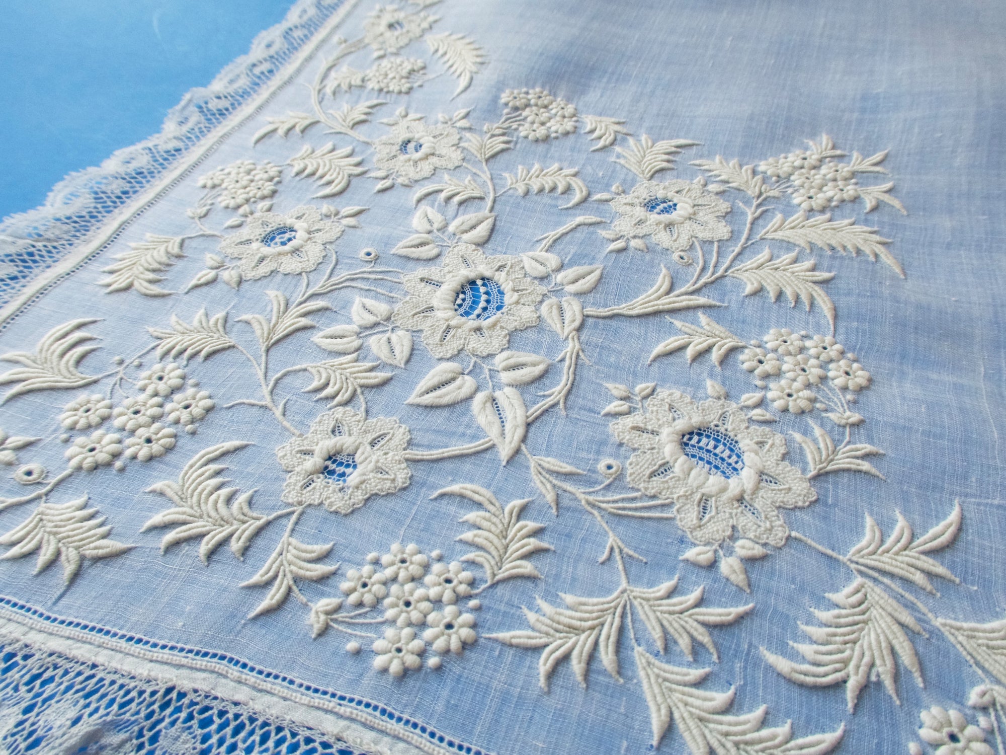 Antique French Whitework Lace Handkerchief 18" 