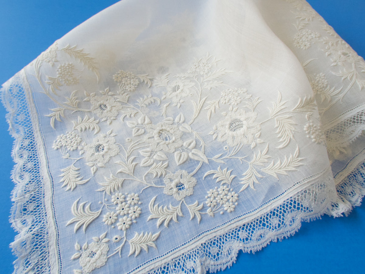 Antique French Whitework Lace Handkerchief 18&quot;