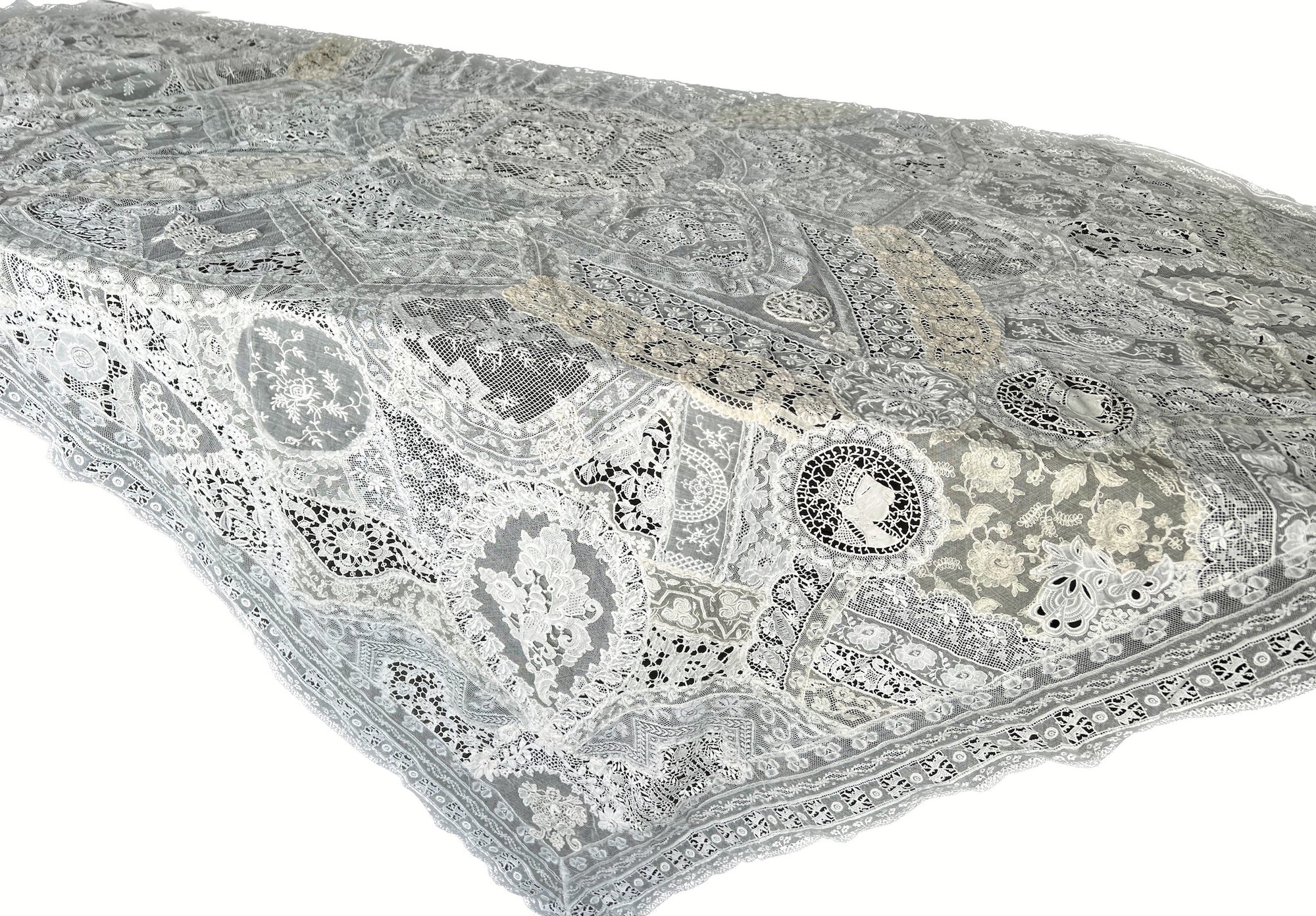 Antique Mixed Lace Hand Pieced Bridal Tablecloth 56x78"
