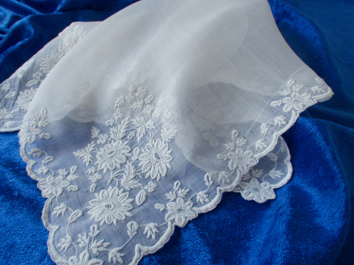 Antique 19th Century French Whitework Lace Handkerchief 17