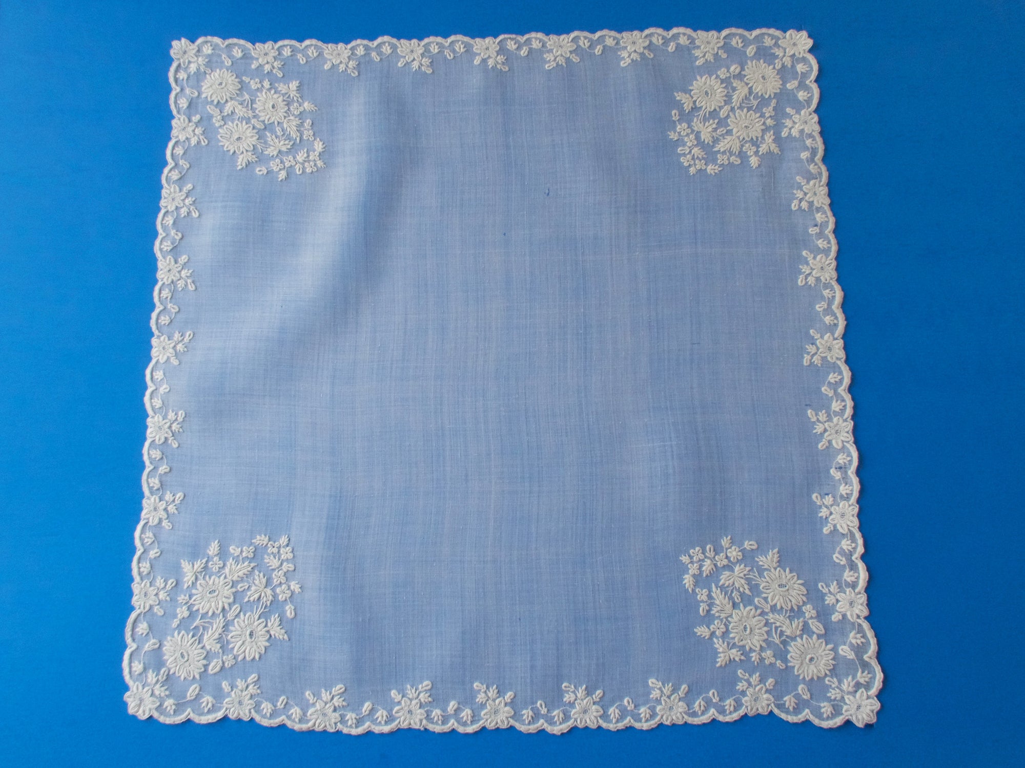 Antique 19th Century French Whitework Lace Handkerchief 17"
