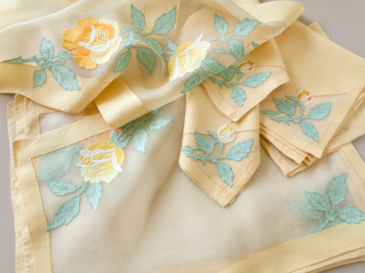 Full vintage Madeira yellow rose placemat set for 6, organdy placemats and runner with linen napkins grouped together​​​​​​​​​​​​​​​​