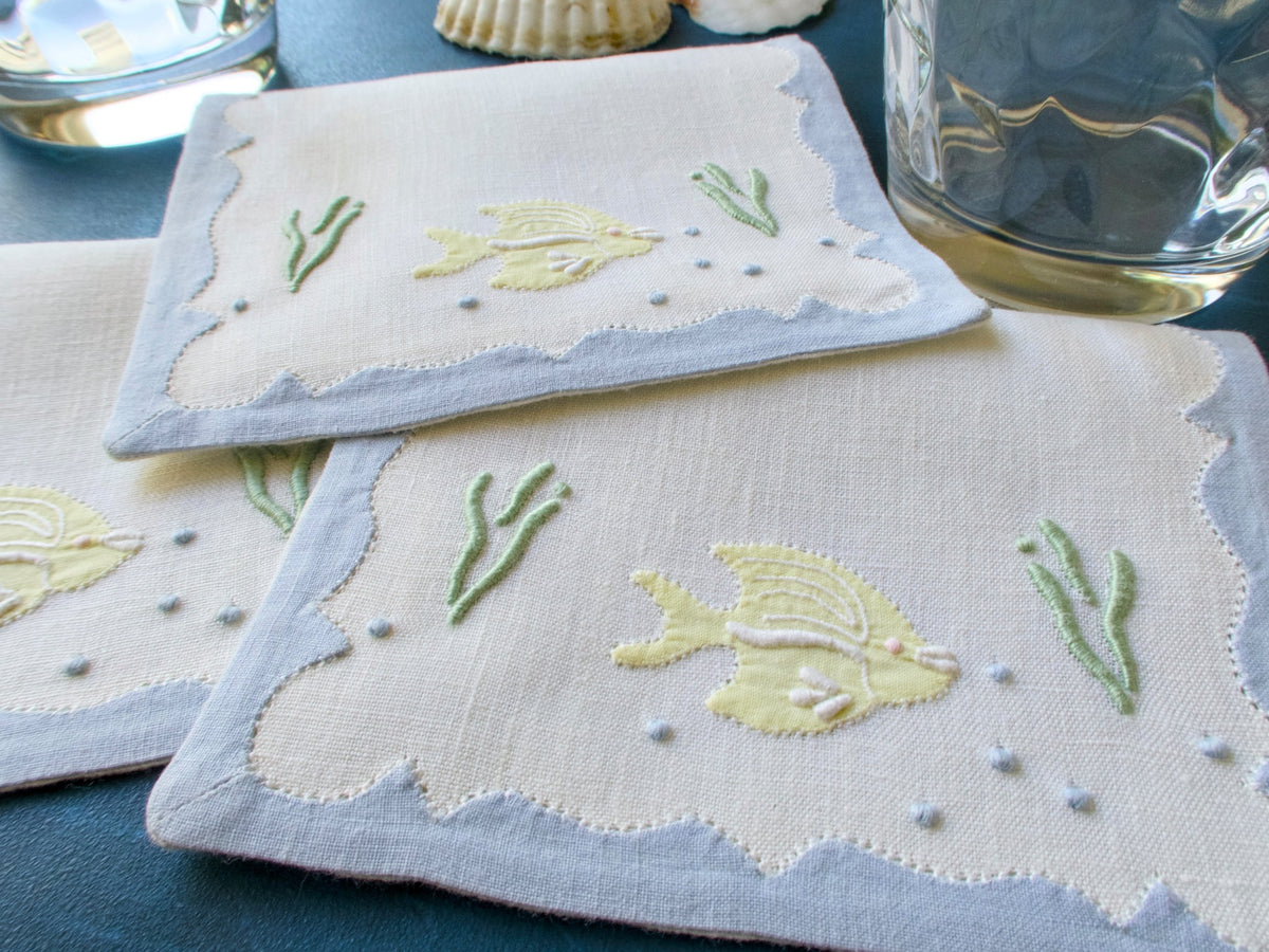 Yellow Fish Vintage Madeira Linen Cocktail Napkins, Set of 6