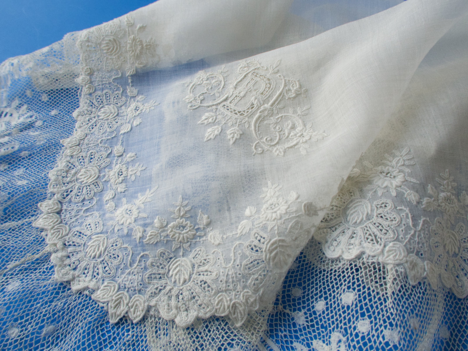 Antique 19th Century Whitework Lace Handkerchief