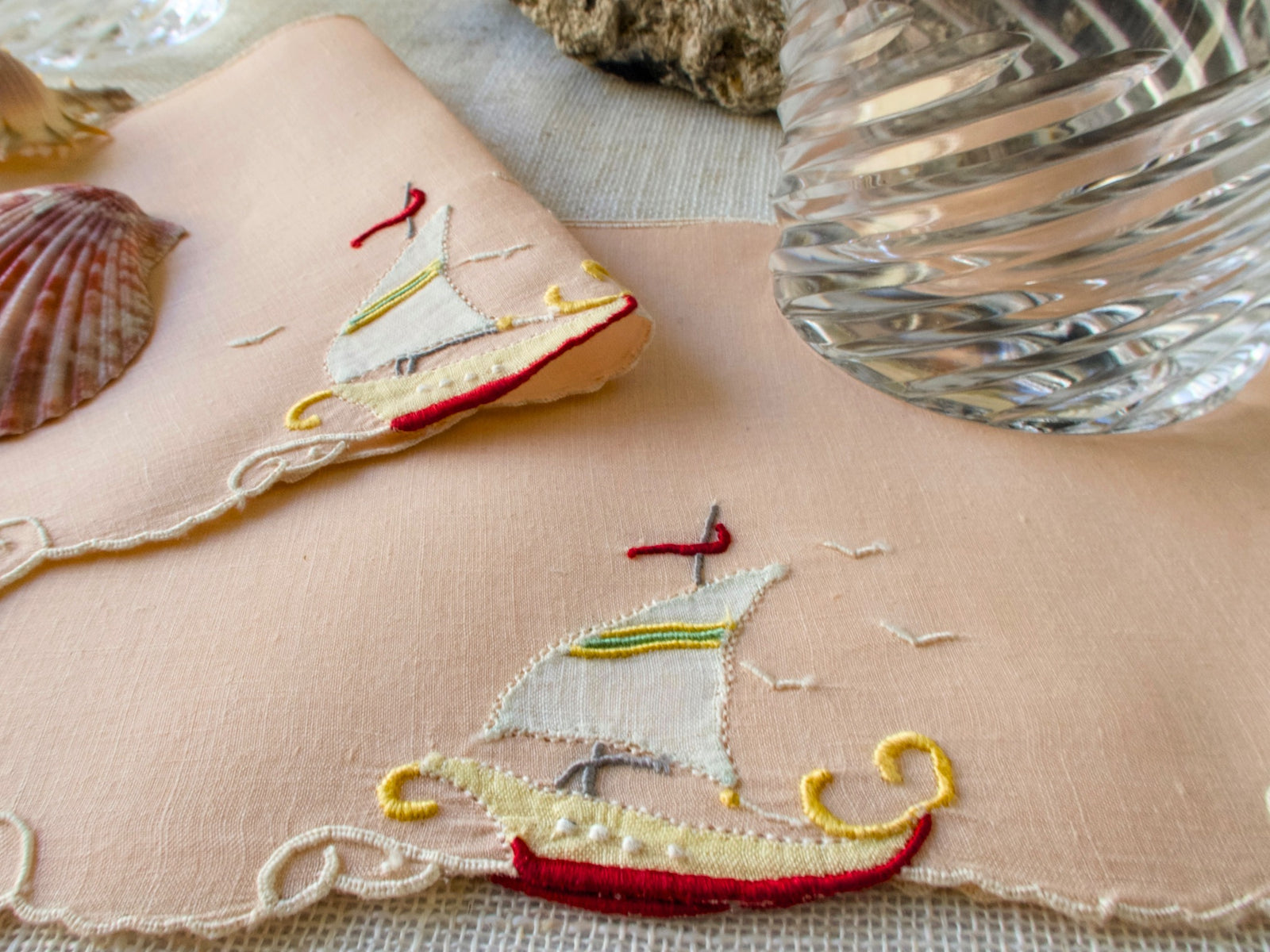 Sailing Ship Vintage Madeira Linen Cocktail Napkins, Set of 6