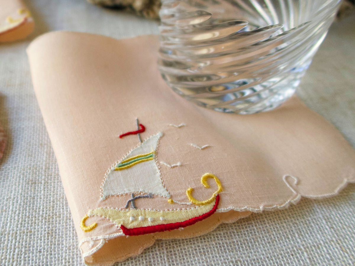 Sailing Ship Vintage Madeira Linen Cocktail Napkins, Set of 6