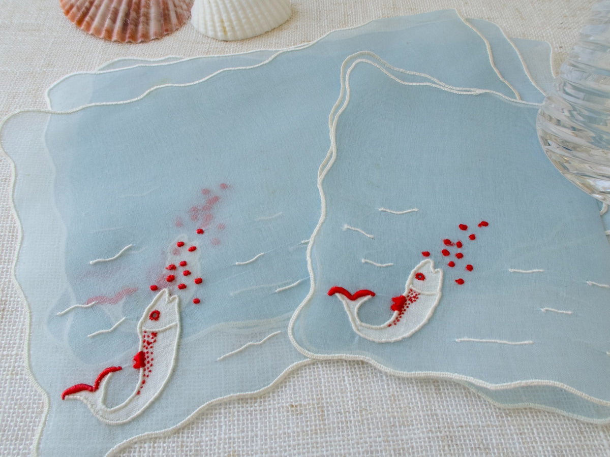 &quot;Fish&quot; in Blue Marghab Organdy Cocktail Napkins, Set of 8