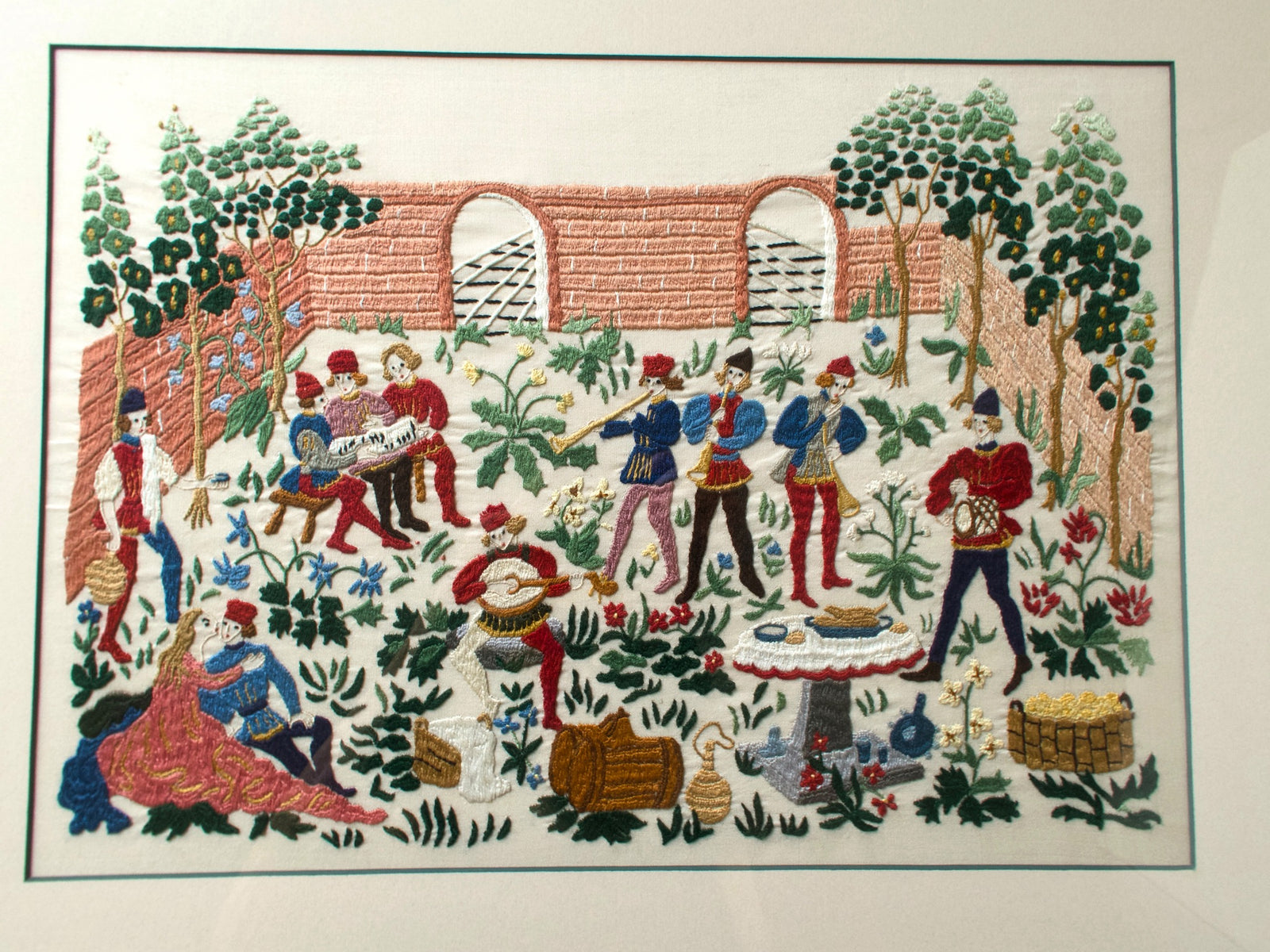 Medieval Lovers Banquet Scene Vintage Rapisardi Embroidered Panel, Framed