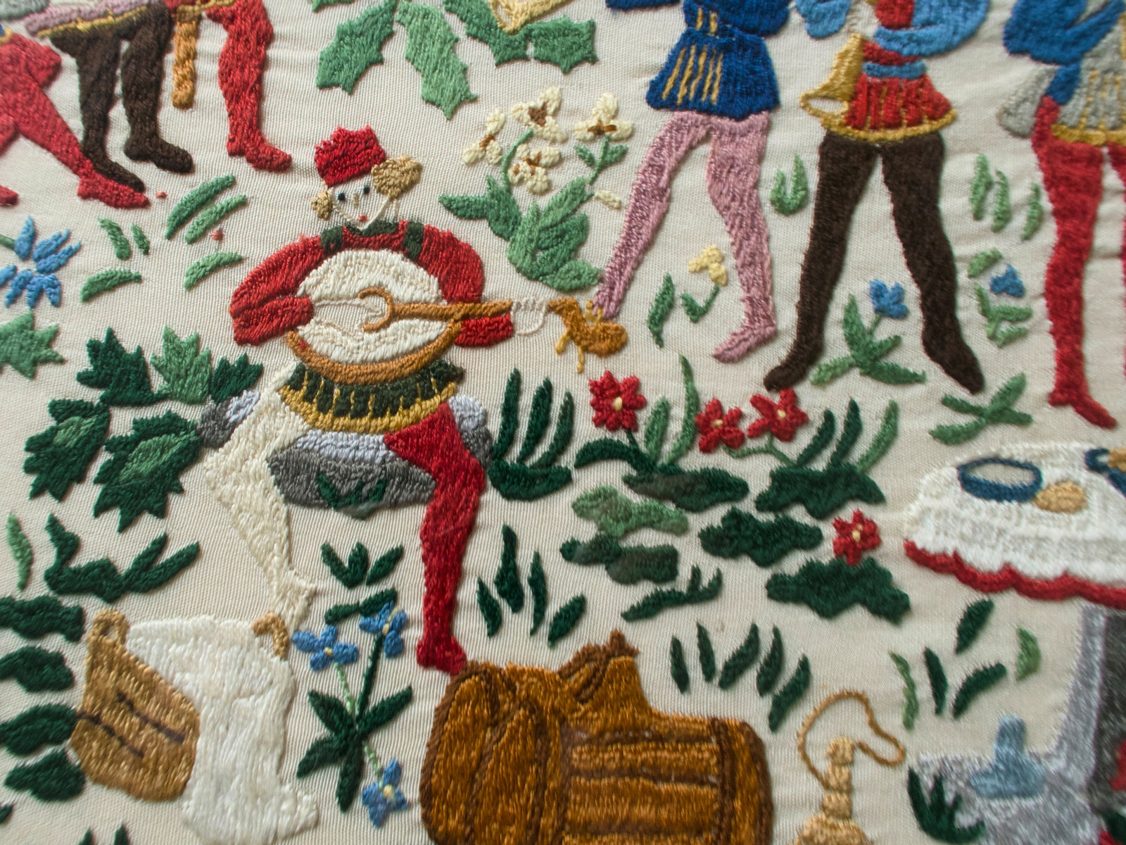 Medieval Lovers Banquet Scene Vintage Rapisardi Embroidered Panel, Framed