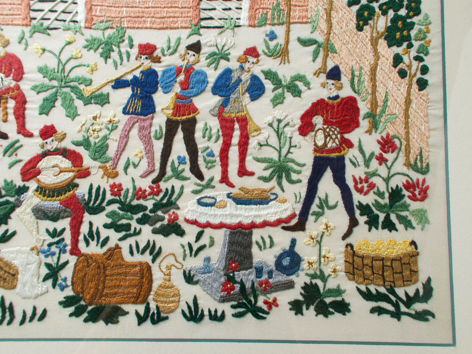 Medieval Lovers Banquet Scene Vintage Rapisardi Embroidered Panel, Framed