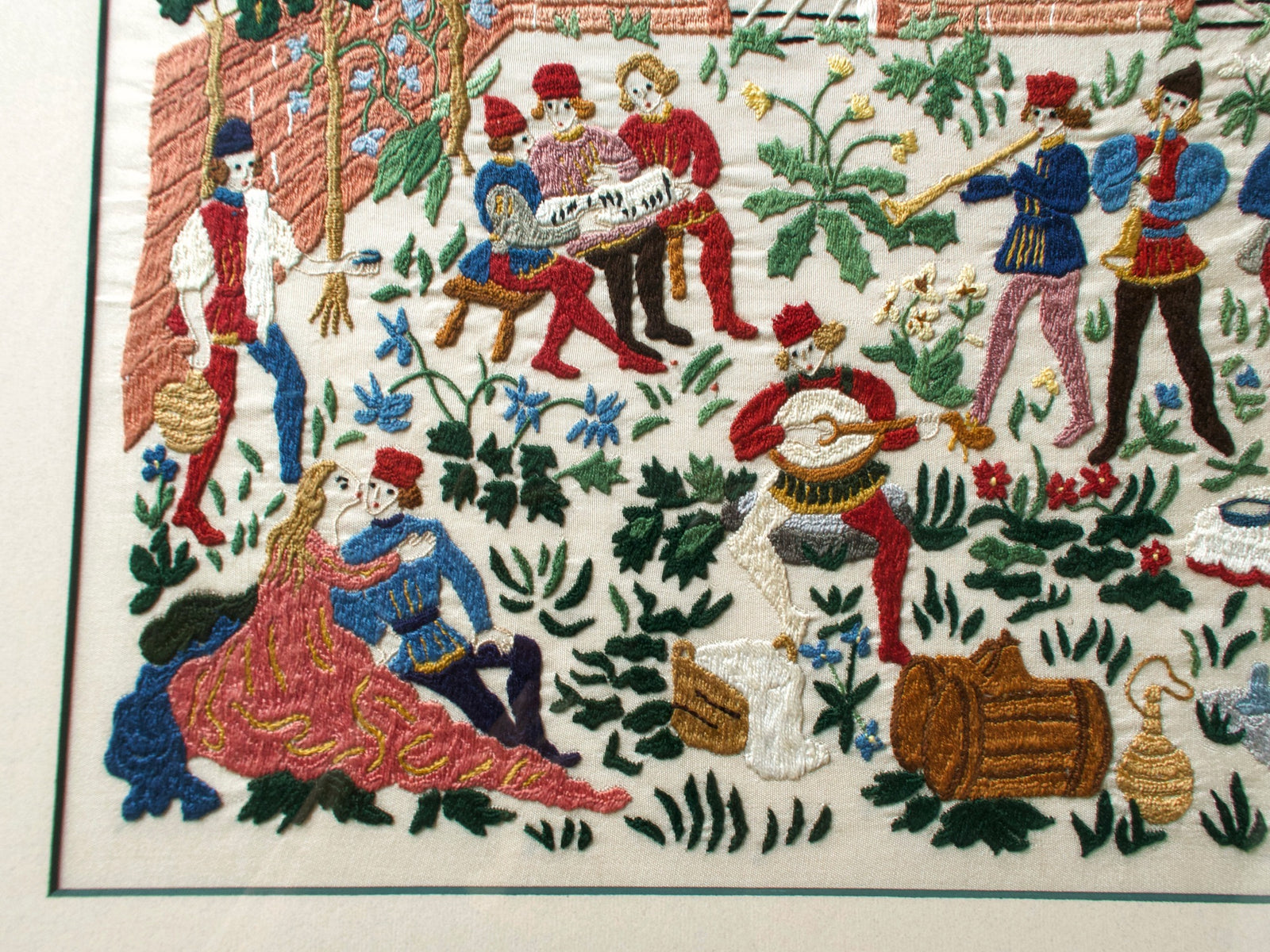 Medieval Lovers Banquet Scene Vintage Rapisardi Embroidered Panel, Framed