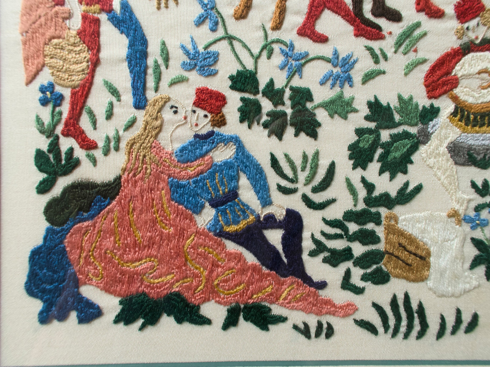 Medieval Lovers Banquet Scene Vintage Rapisardi Embroidered Panel, Framed