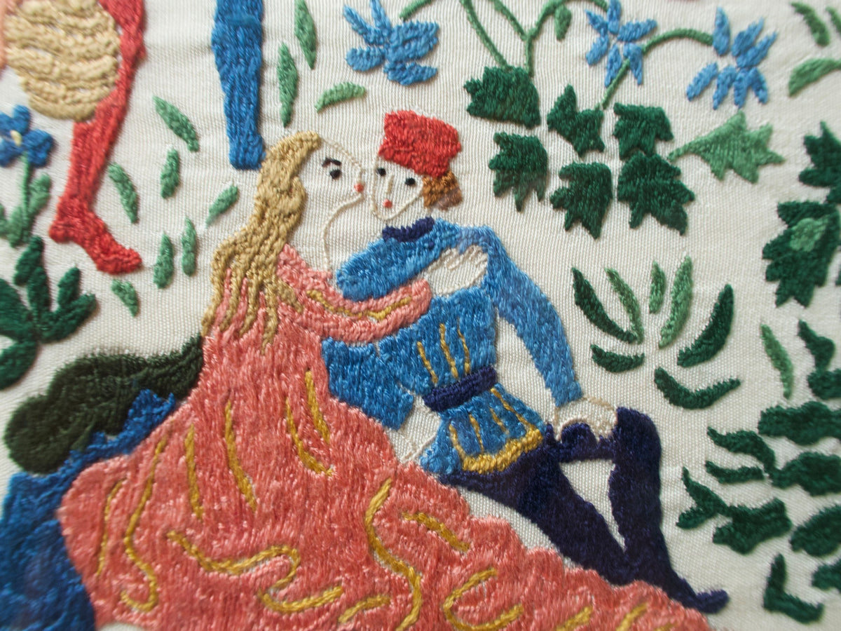 Medieval Lovers Banquet Scene Vintage Rapisardi Embroidered Panel, Framed