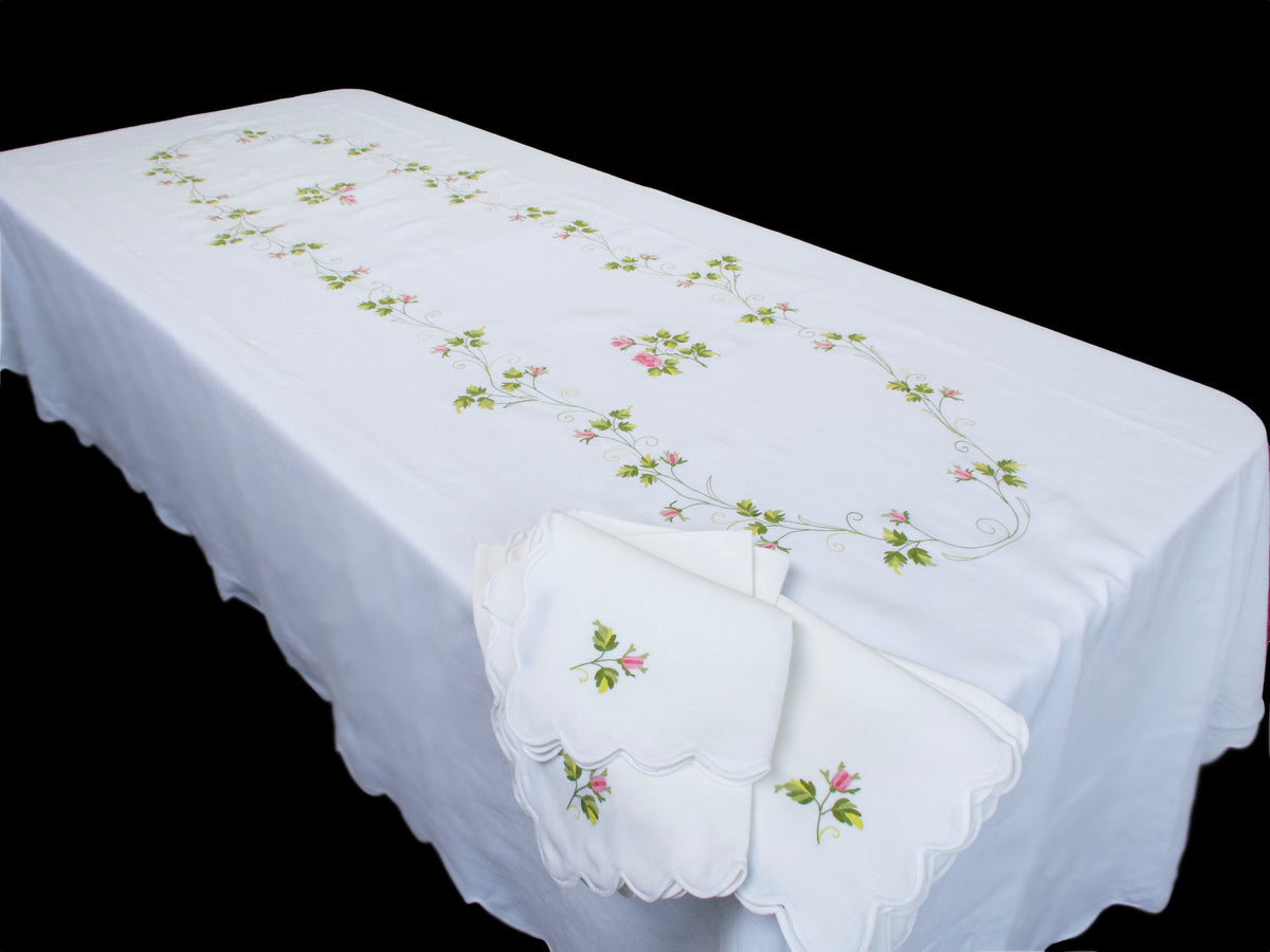 Vintage D Porthault Roses 120&quot; Oval Tablecloth &amp; 12 Napkins