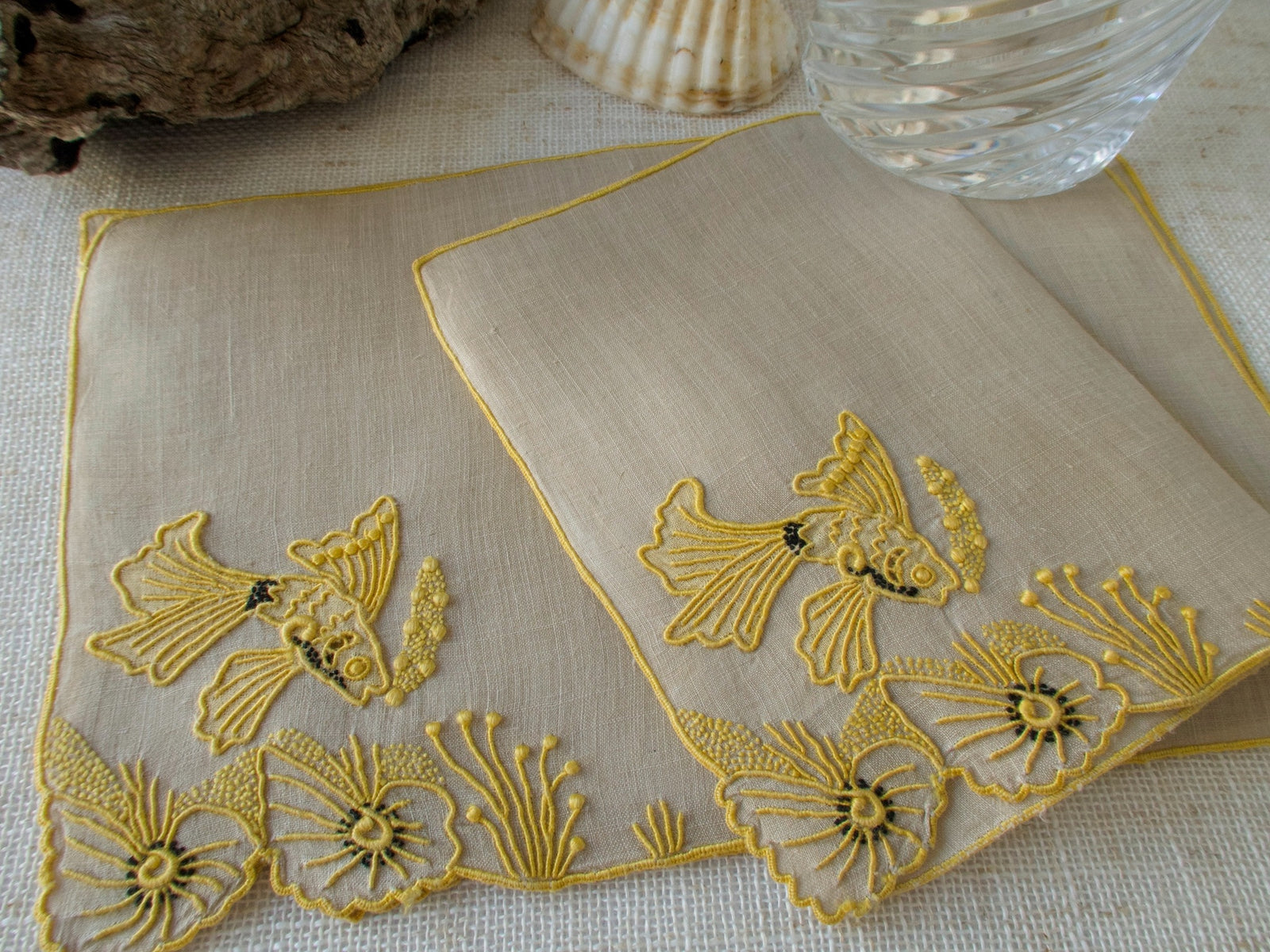 "Tropical Fish" in Yellow Vintage Marghab Cocktail Napkins, Set of 6