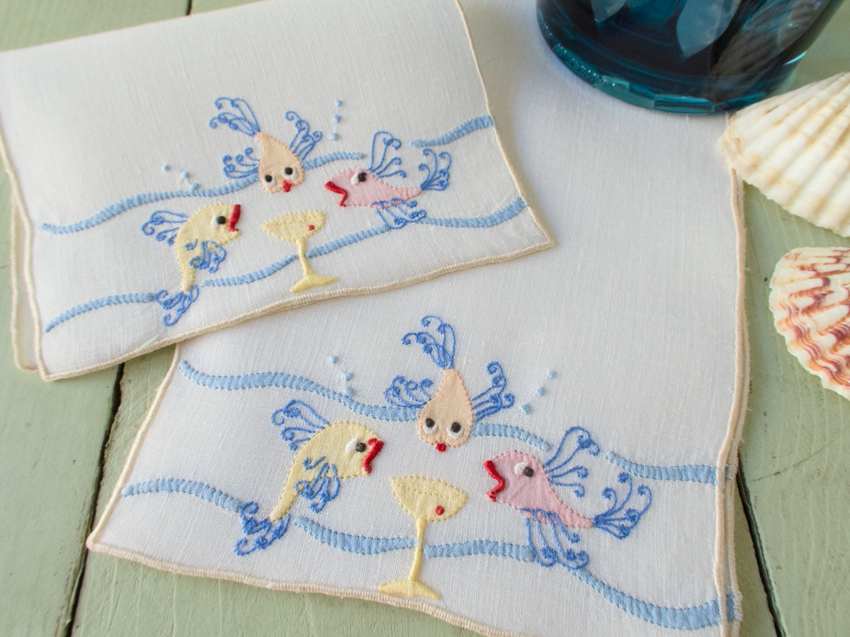 Fish Party Vintage Madeira Linen Cocktail Napkins, Set of 8
