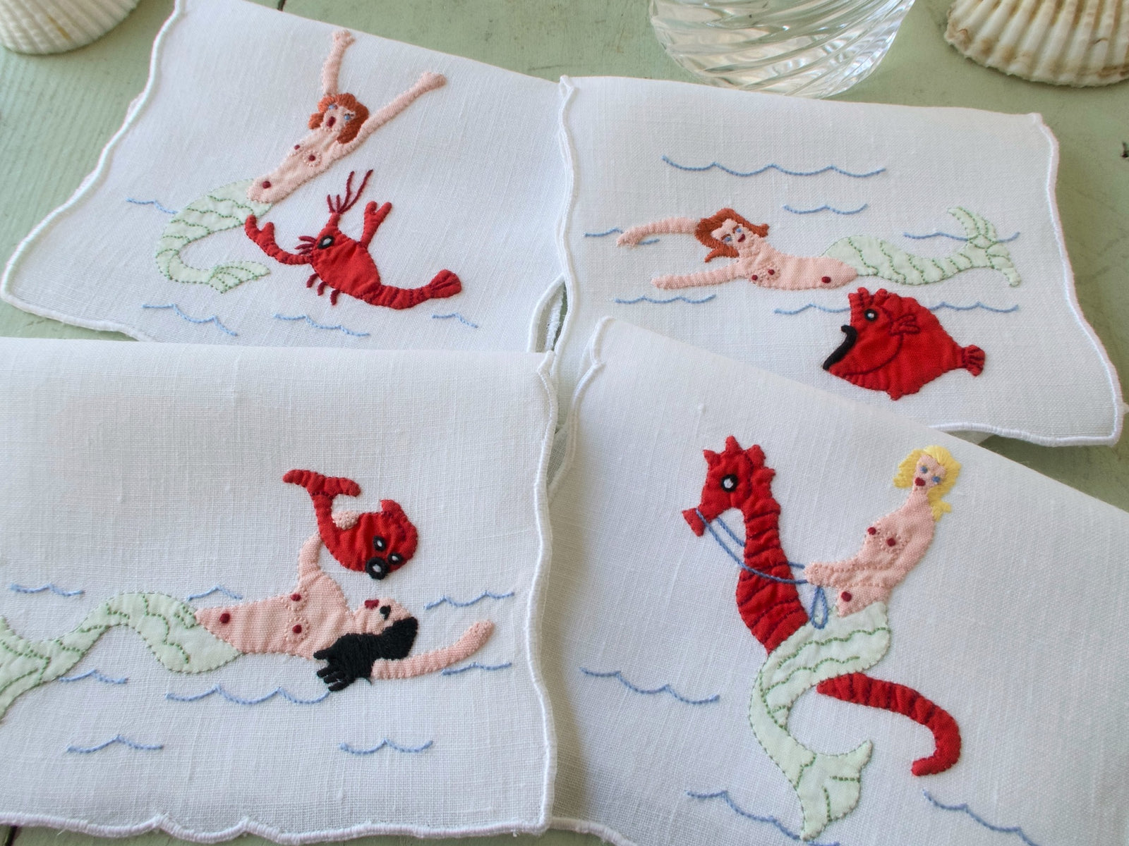 Mermaids & Sea Creatures, Vintage Madeira Cocktail Napkins, Set of 8